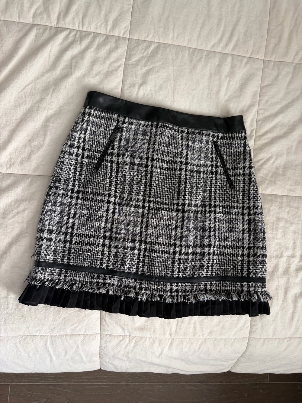 Karl Lagerfeld Black and White Tweed Pencil Skirt with Pleated Trim